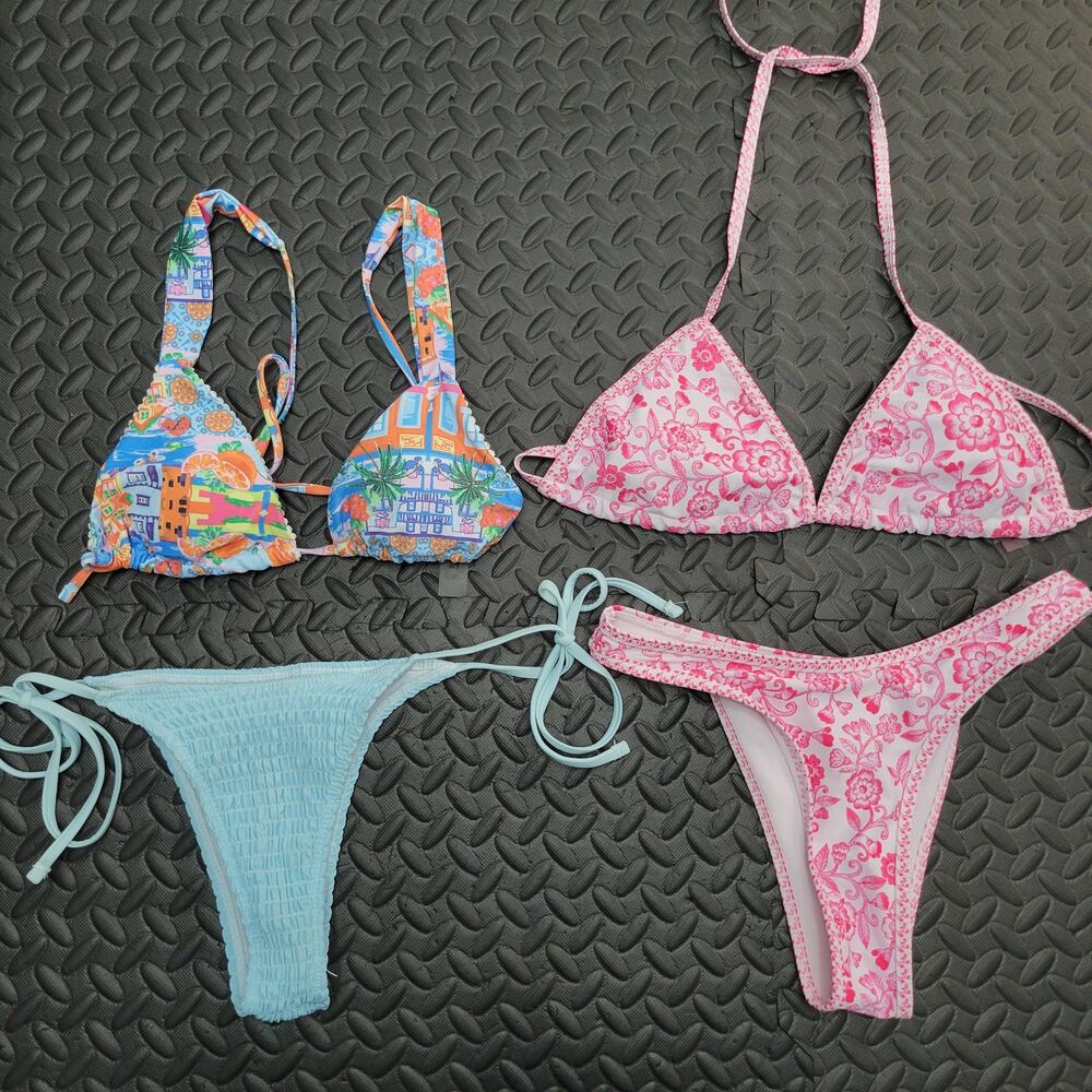Floral Smocked Bikini Lot Size Small Triangle Set Resortwear Summer Vacation